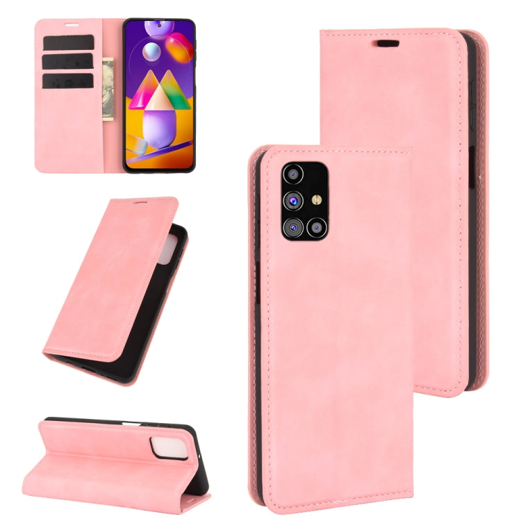 For Samsung Galaxy M31s Retro-skin Business Magnetic Suction Leather Case with Holder & Card Slots & Wallet