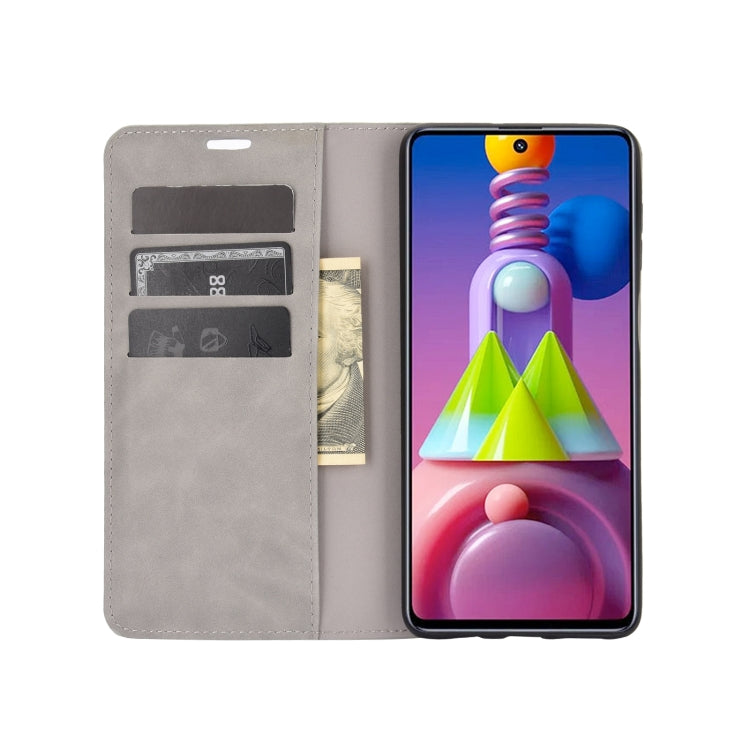 For Samsung Galaxy M51 (Side Fingerprint) Retro-skin Business Magnetic Suction Leather Case with Holder & Card Slots & Wallet