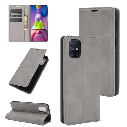 For Samsung Galaxy M51 (Side Fingerprint) Retro-skin Business Magnetic Suction Leather Case with Holder & Card Slots & Wallet