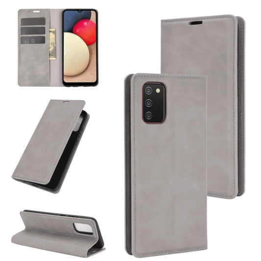 For Samsung Galaxy A02s Retro-skin Business Magnetic Suction Leather Case with Holder & Card Slots & Wallet