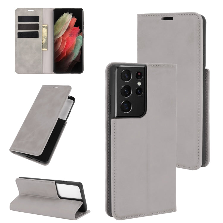 For Samsung Galaxy S21 Ultra 5G Retro-skin Business Magnetic Suction Leather Case with Holder & Card Slots & Wallet