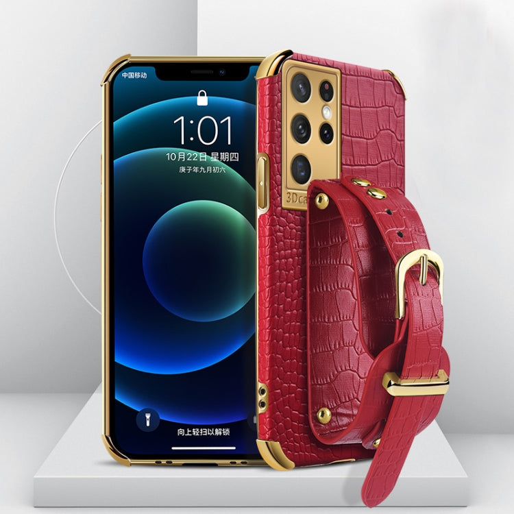 Electroplated TPU Crocodile Pattern Leather Case with Wrist Strap