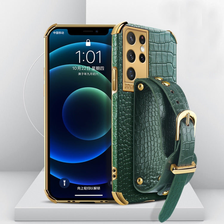 Electroplated TPU Crocodile Pattern Leather Case with Wrist Strap