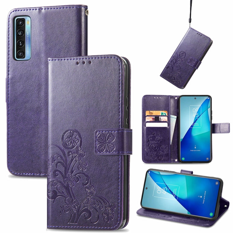 Four-leaf Clasp Embossed Buckle Mobile Phone Protection Leather Case with Lanyard & Card Slot & Wallet & Bracket Function