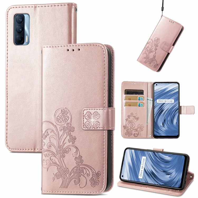 Four-leaf Clasp Embossed Buckle Mobile Phone Protection Leather Case with Lanyard & Card Slot & Wallet & Bracket Function