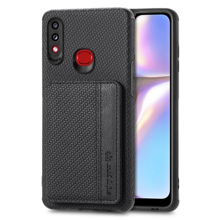 Carbon Fiber Magnetic Card Bag TPU+PU Shockproof Back Cover Case with Holder & Card Slot & Photo Frame