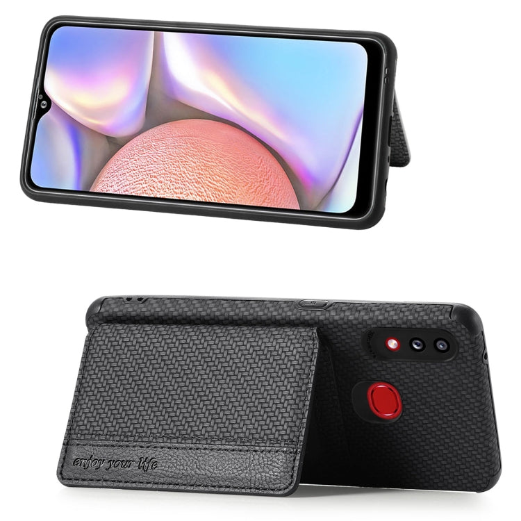 Carbon Fiber Magnetic Card Bag TPU+PU Shockproof Back Cover Case with Holder & Card Slot & Photo Frame