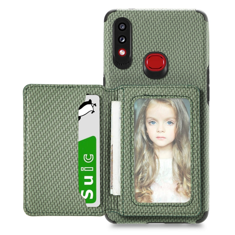 Carbon Fiber Magnetic Card Bag TPU+PU Shockproof Back Cover Case with Holder & Card Slot & Photo Frame