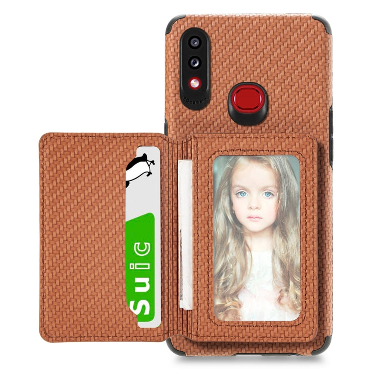 Carbon Fiber Magnetic Card Bag TPU+PU Shockproof Back Cover Case with Holder & Card Slot & Photo Frame