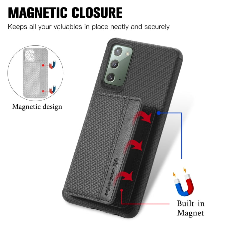 Carbon Fiber Magnetic Card Bag TPU+PU Shockproof Back Cover Case with Holder & Card Slot & Photo Frame