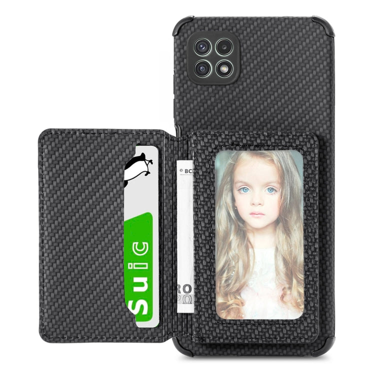 Carbon Fiber Magnetic Card Bag TPU+PU Shockproof Back Cover Case with Holder & Card Slot & Photo Frame