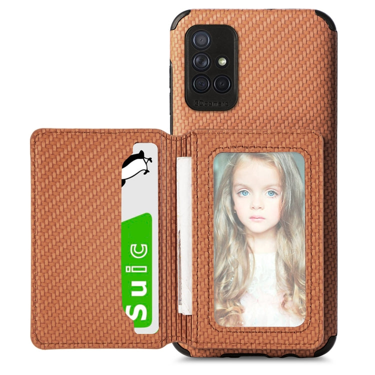 Carbon Fiber Magnetic Card Bag TPU+PU Shockproof Back Cover Case with Holder & Card Slot & Photo Frame