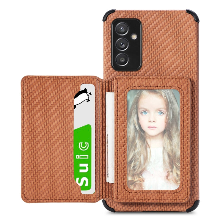 Carbon Fiber Magnetic Card Bag TPU+PU Shockproof Back Cover Case with Holder & Card Slot & Photo Frame