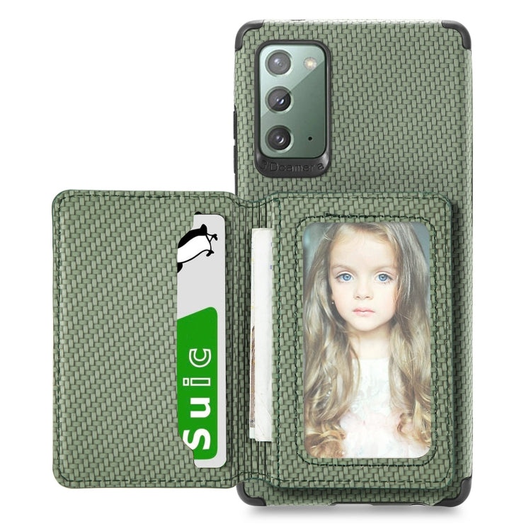 Carbon Fiber Magnetic Card Bag TPU+PU Shockproof Back Cover Case with Holder & Card Slot & Photo Frame