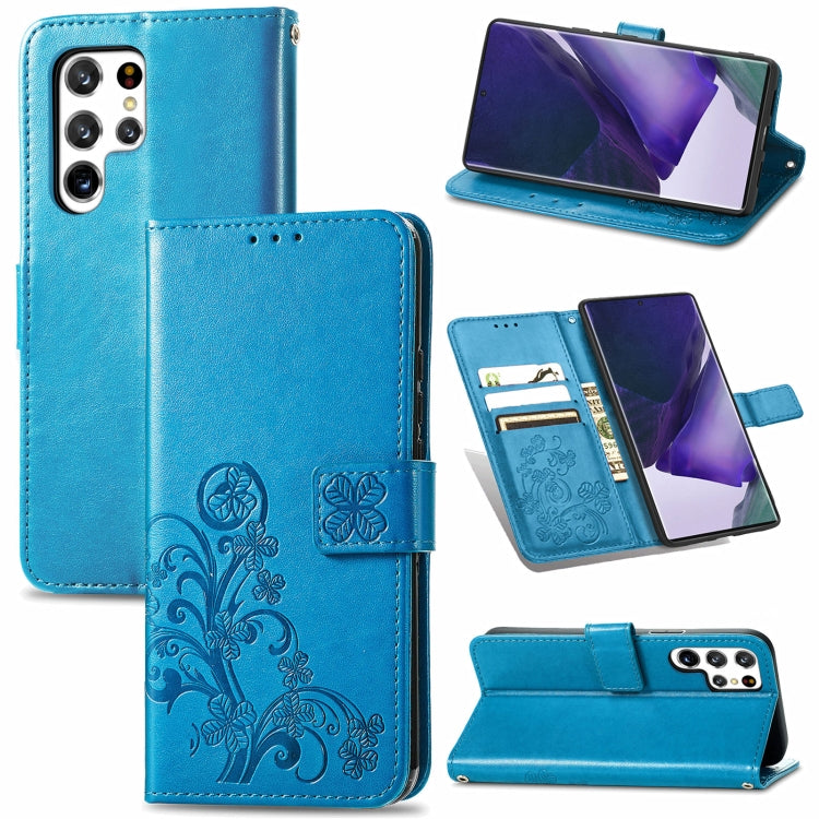 Four-leaf Clasp Embossed Leather Phone Case with Lanyard & Card Slot & Wallet & Bracket Function