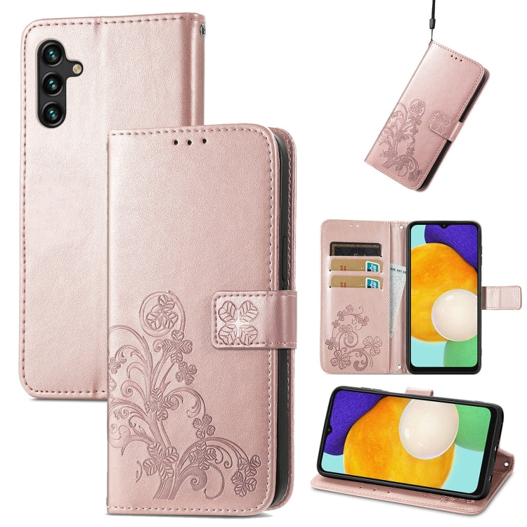 Four-leaf Clasp Embossed Leather Phone Case with Lanyard & Card Slot & Wallet & Bracket Function
