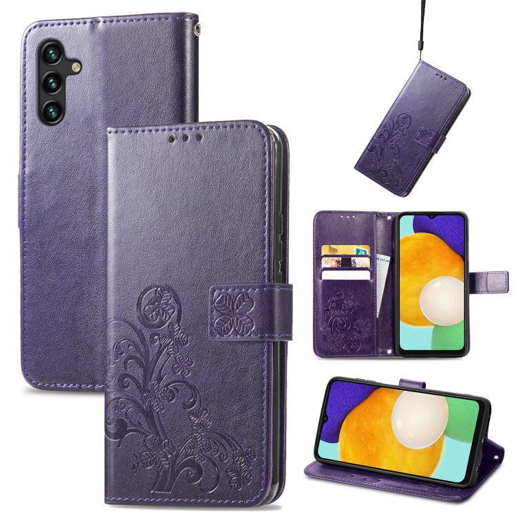 Four-leaf Clasp Embossed Leather Phone Case with Lanyard & Card Slot & Wallet & Bracket Function