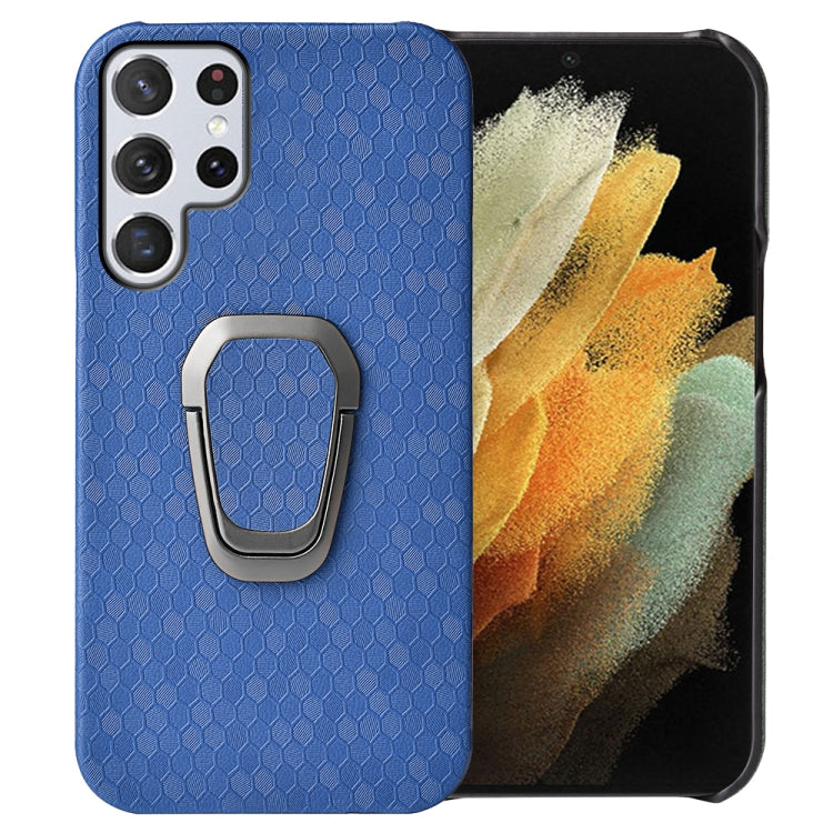 Ring Holder Honeycomb PU Phone Case For Samsung Galaxy S22 Ultra 5G