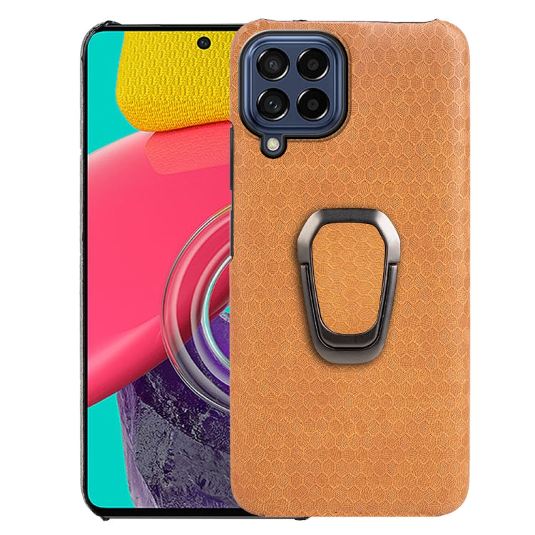 For Samsung Galaxy M53 Ring Holder Honeycomb PU Skin Phone Case