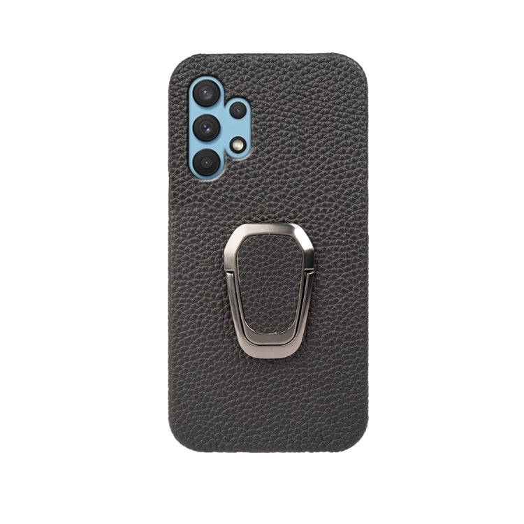 For Samsung Galaxy A32 4G Ring Holder Litchi Texture Genuine Leather Phone Case