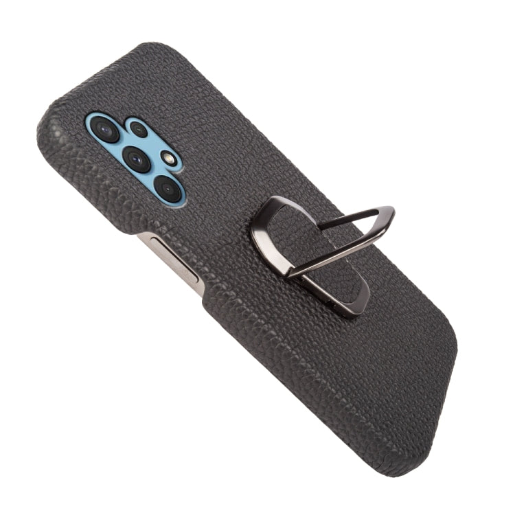 For Samsung Galaxy A32 4G Ring Holder Litchi Texture Genuine Leather Phone Case