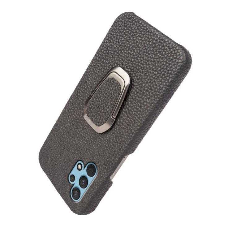 For Samsung Galaxy A32 4G Ring Holder Litchi Texture Genuine Leather Phone Case