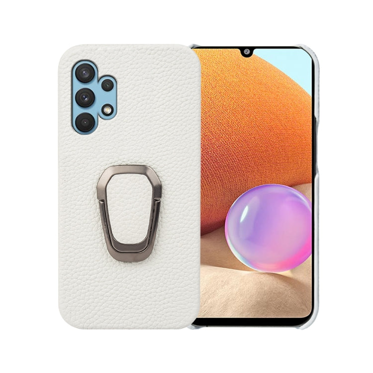 For Samsung Galaxy A32 4G Ring Holder Litchi Texture Genuine Leather Phone Case