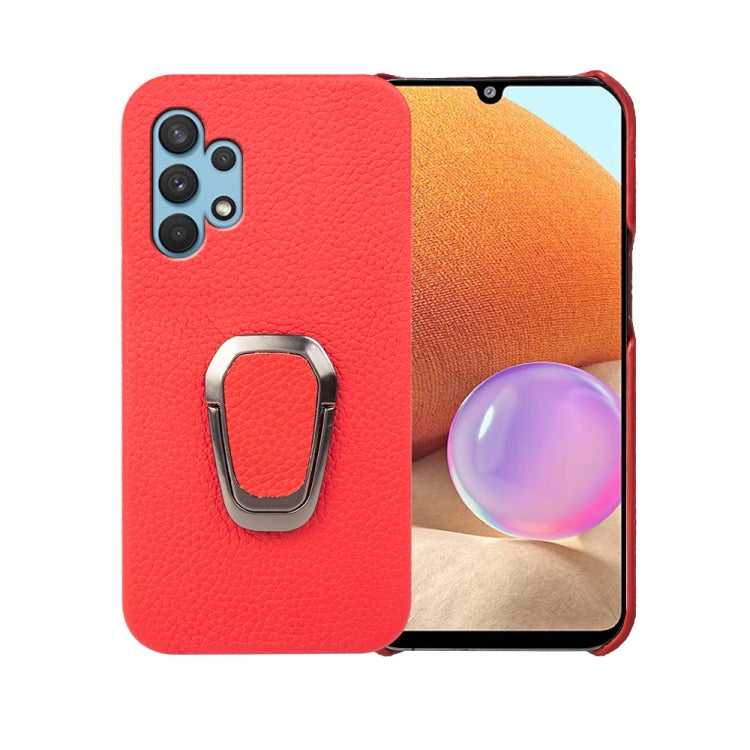 For Samsung Galaxy A32 4G Ring Holder Litchi Texture Genuine Leather Phone Case