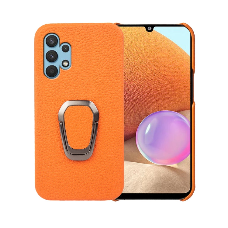 For Samsung Galaxy A32 4G Ring Holder Litchi Texture Genuine Leather Phone Case