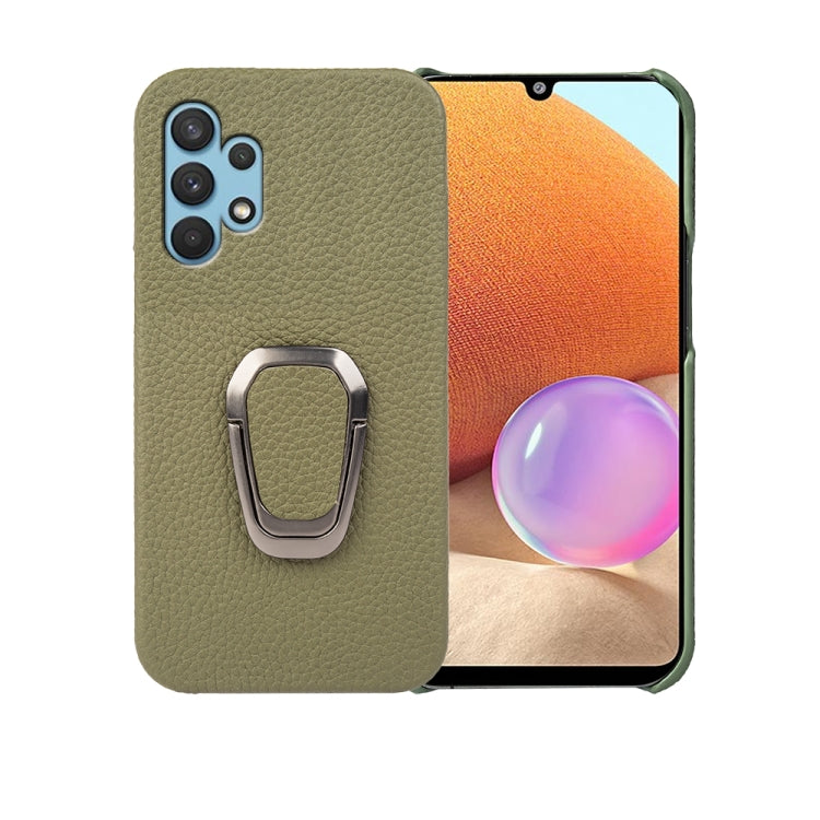 For Samsung Galaxy A32 4G Ring Holder Litchi Texture Genuine Leather Phone Case