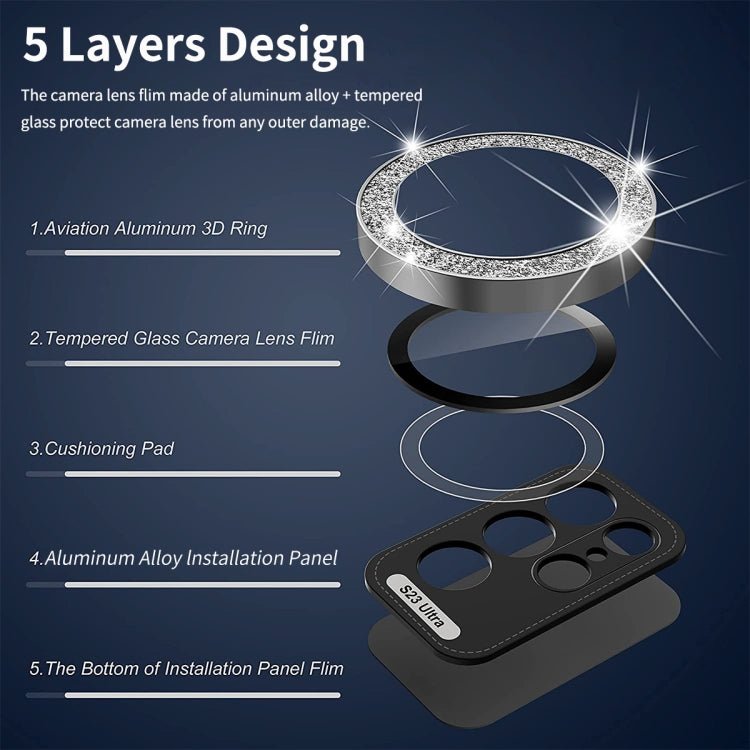 For Samsung Galaxy S23 Ultra 5G ENKAY 9H Rear Camera Lens Glitter Aluminium Alloy Ring Tempered Glass Film