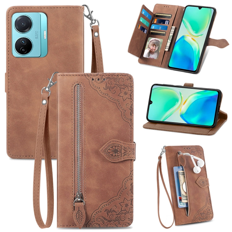 Embossed Flower Zipper Leather Phone Case