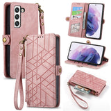Geometric Zipper Wallet Side Buckle Leather Phone Case