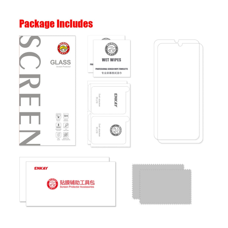 2pcs ENKAY 0.26mm 9H 2.5D High Aluminum-silicon Tempered Glass Film, For Samsung Galaxy M04, For Samsung Galaxy A25 5G, For Samsung Galaxy A35, For Samsung Galaxy A55, For Samsung Galaxy S23 FE, For Samsung Galaxy M54 /F54, For Samsung Galaxy A15 4G / 5G