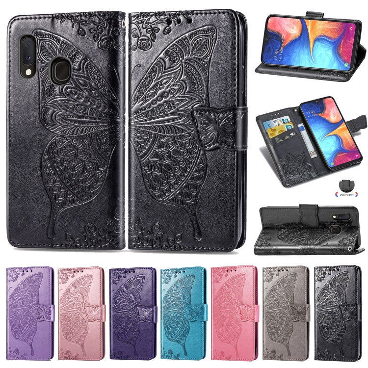 Butterfly Love Flowers Embossing Horizontal Flip Leather Case For Samsung A20 E with Holder & Card Slots & Wallet & Lanyard
