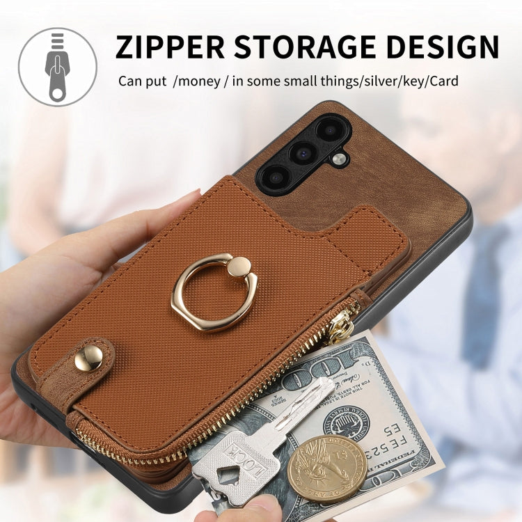 Cross Leather Ring Vertical Zipper Wallet Back Phone Case