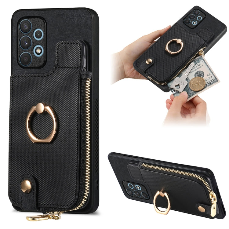 Cross Leather Ring Vertical Zipper Wallet Back Phone Case