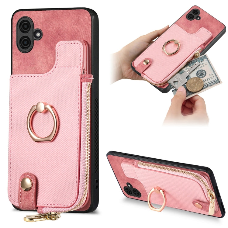 Cross Leather Ring Vertical Zipper Wallet Back Phone Case