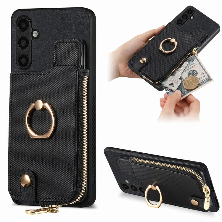 Cross Leather Ring Vertical Zipper Wallet Back Phone Case