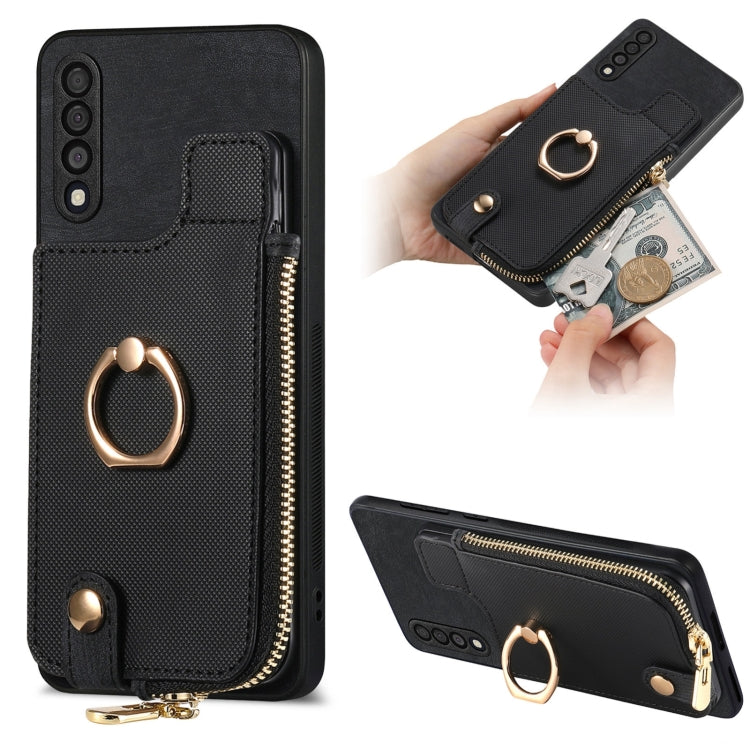 Cross Leather Ring Vertical Zipper Wallet Back Phone Case