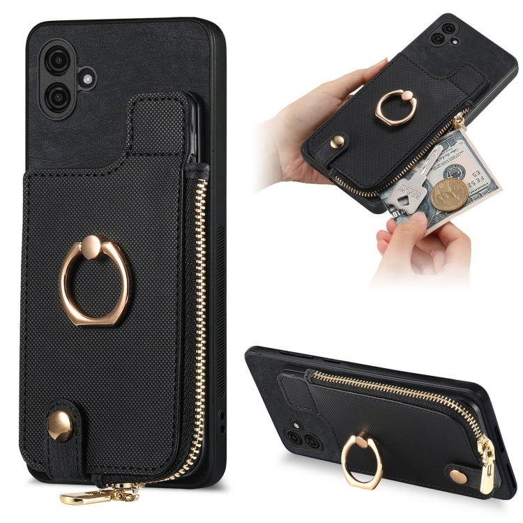 Cross Leather Ring Vertical Zipper Wallet Back Phone Case