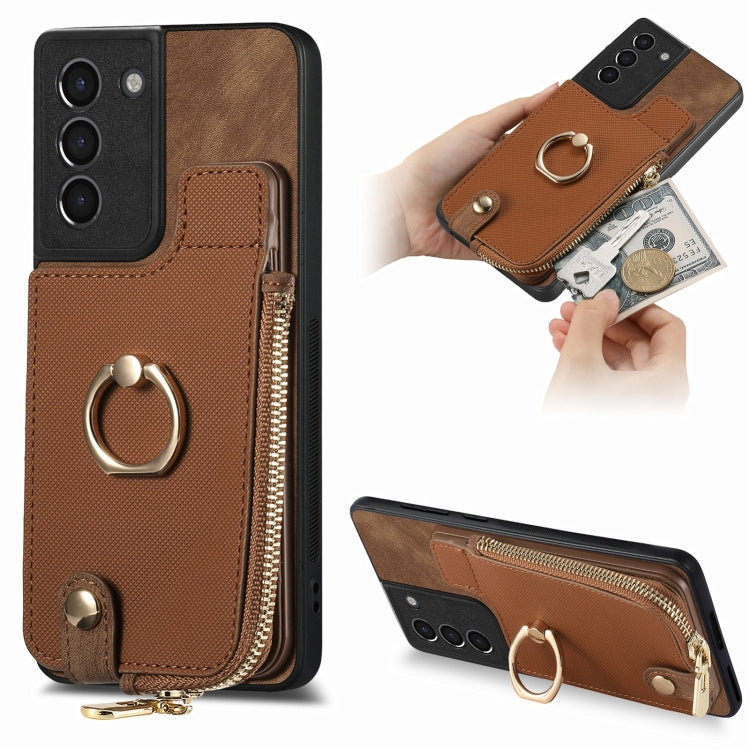 Cross Leather Ring Vertical Zipper Wallet Back Phone Case