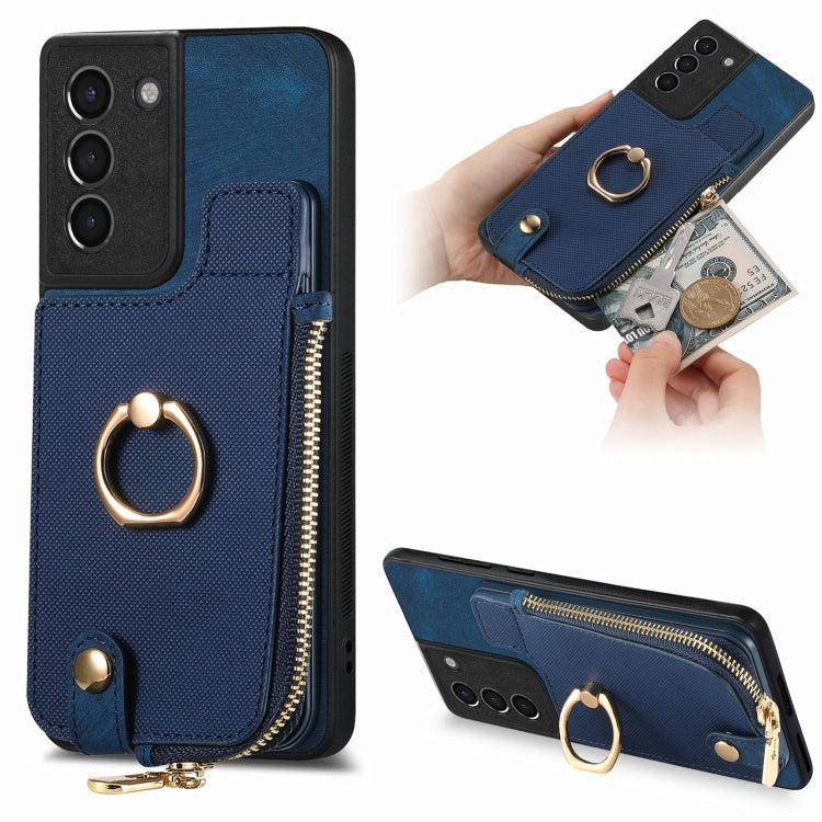 Cross Leather Ring Vertical Zipper Wallet Back Phone Case