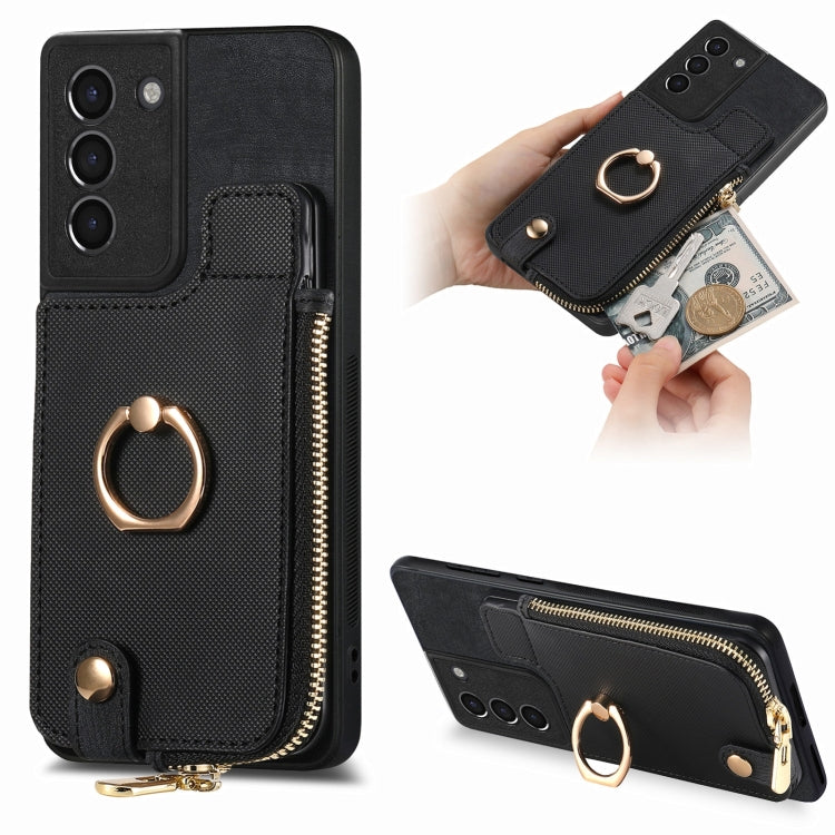 Cross Leather Ring Vertical Zipper Wallet Back Phone Case