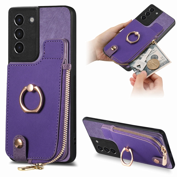 Cross Leather Ring Vertical Zipper Wallet Back Phone Case