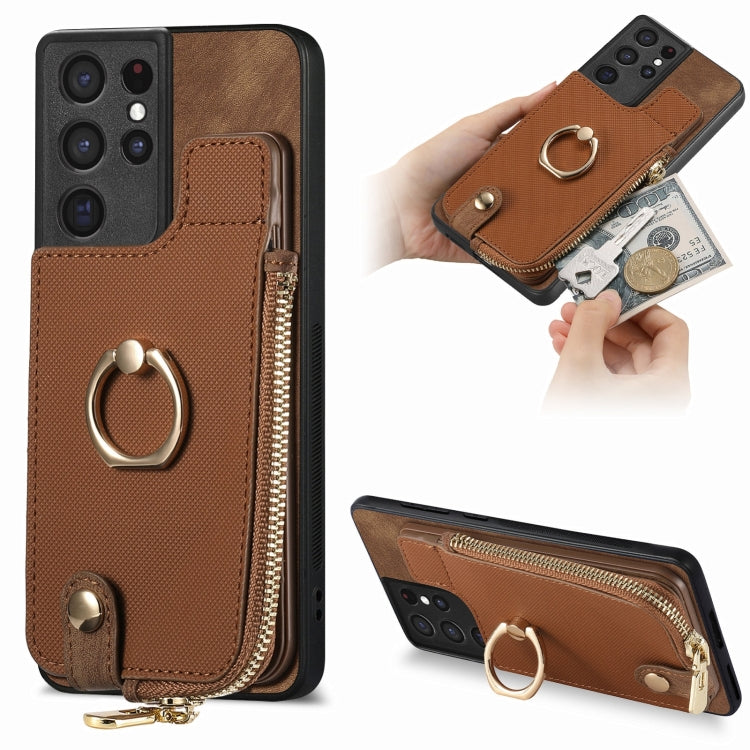 Cross Leather Ring Vertical Zipper Wallet Back Phone Case
