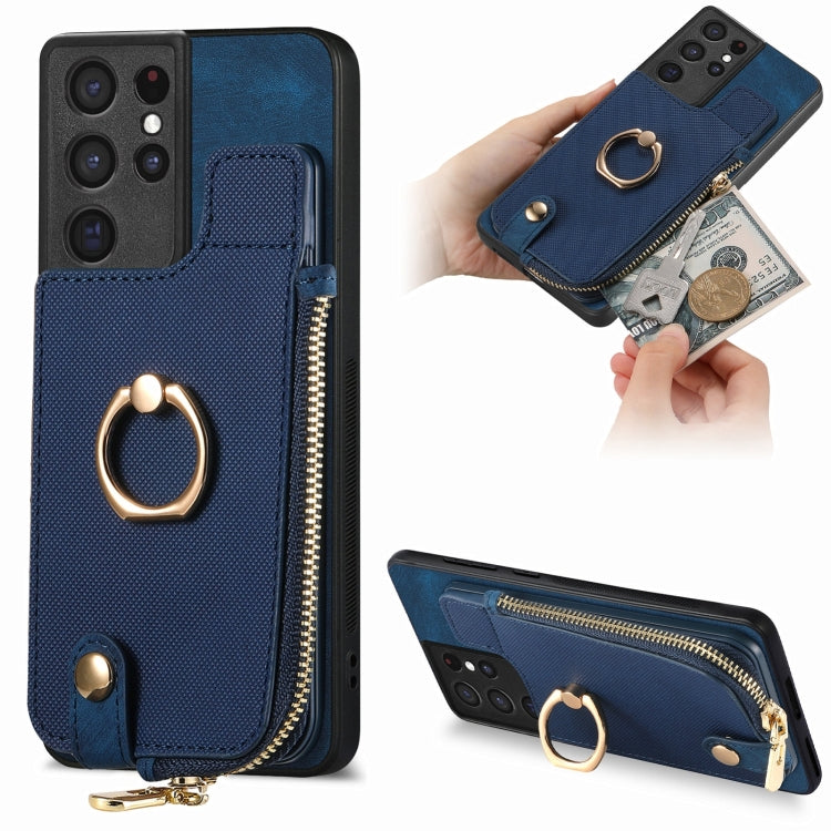 Cross Leather Ring Vertical Zipper Wallet Back Phone Case