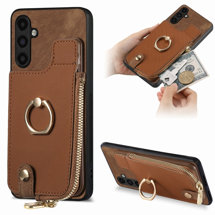 Cross Leather Ring Vertical Zipper Wallet Back Phone Case