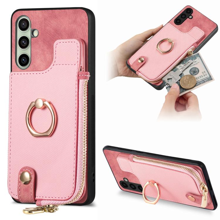 Cross Leather Ring Vertical Zipper Wallet Back Phone Case