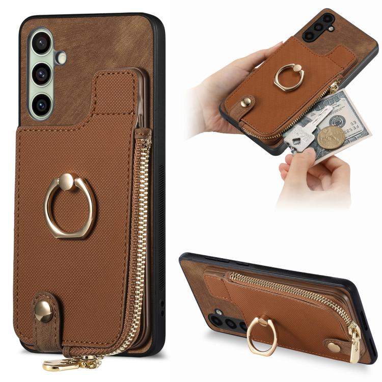 Cross Leather Ring Vertical Zipper Wallet Back Phone Case